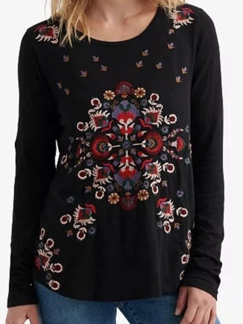 Lucky Brand Black Embroidered Floral with Sheer Back Top. Size Small